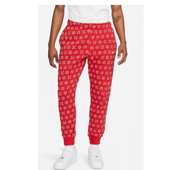 Nike Fleece Monogram Joggers Snowflake AOP Swoosh Red FJ1637-657, size M - Picture 1 of 13